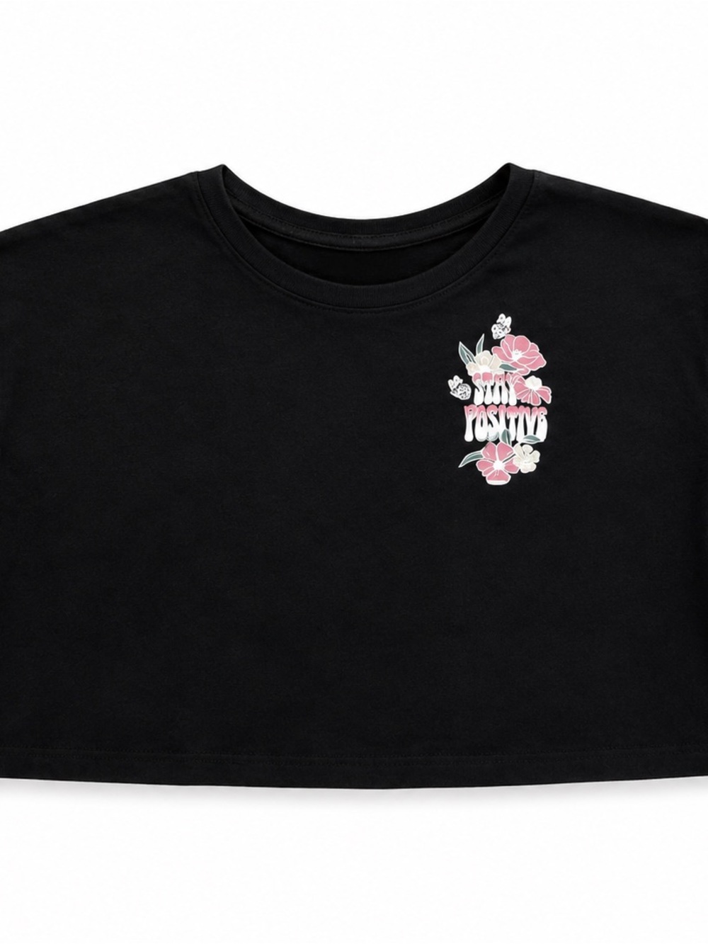 No Boundaries Black Crop Tee with Pink Floral 'Stay Positive' Print - Kids